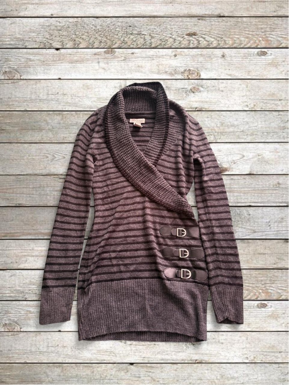 Striped Shawl Collar Sweater with Buckle Detail